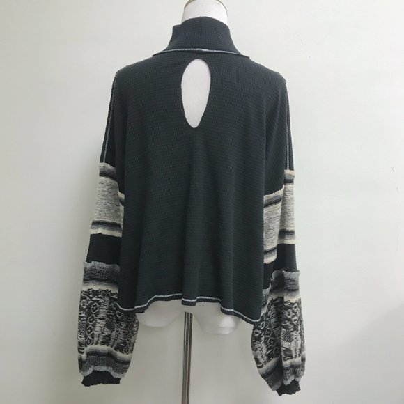 Free People black gray long sleeve mock neck fair isle sweater boho hippie top L - Picture 4 of 8